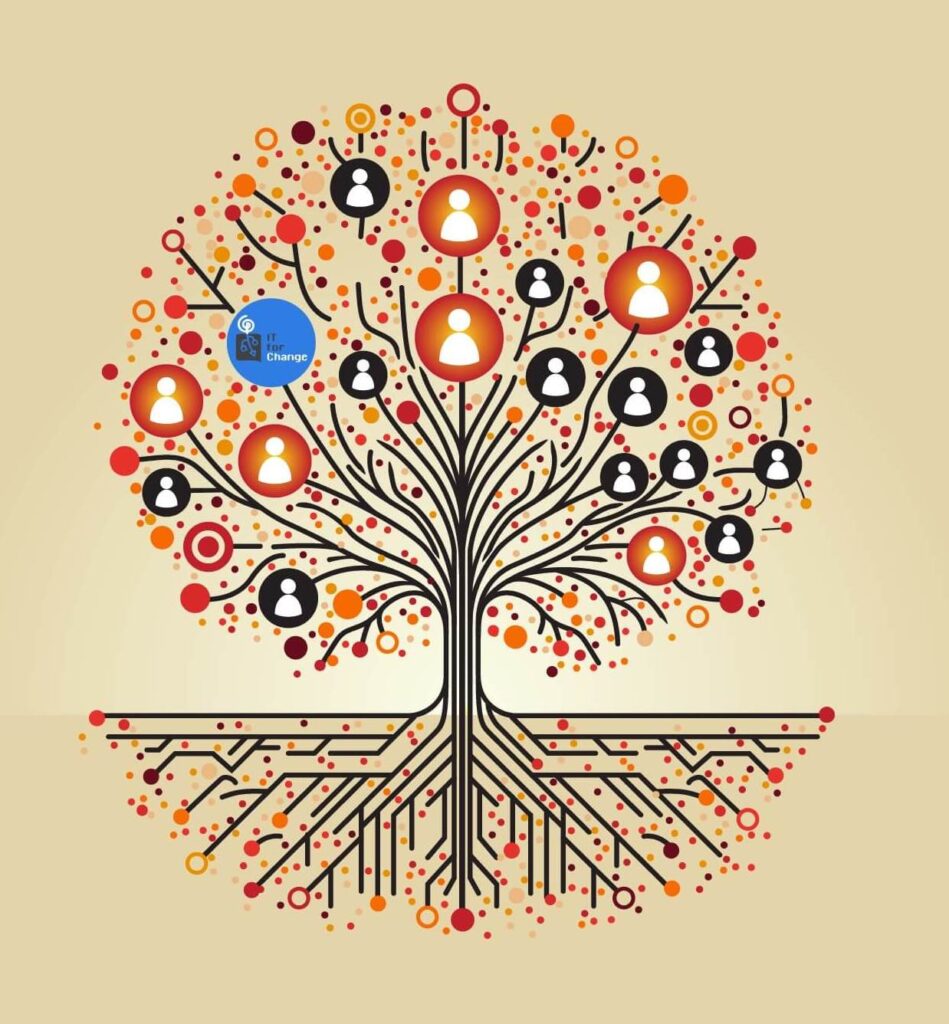 Graphic of tree resembling a connected, tech ecosystem, with branches, roots and people icons